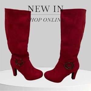 Woman’s faux suede red knee high boots